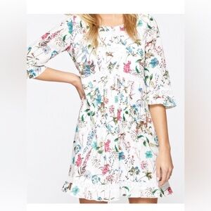 Sanctuary White Floral Print Lace Trim Flutter Sleeve Mini Dress Women's Small